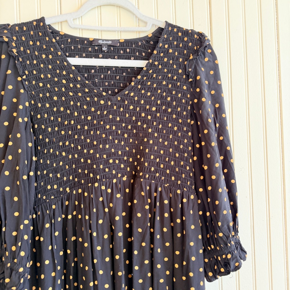 Madewell‎ Smocked Ruffle Shoulder Mini Dress Black Gold Polka Dot Viscose Small - Picture 11 of 11